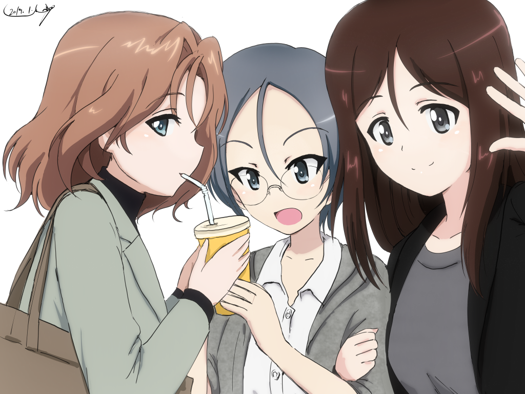 3girls arm_grab artist_name azumi_(girls_und_panzer) bag bangs black_shirt blue_eyes brown_eyes brown_hair brown_jacket bukkuri carrying casual closed_mouth collared_shirt commentary cup dated disposable_cup drinking_straw eyebrows_visible_through_hair frown girls_und_panzer glasses grey_eyes grey_hair grey_jacket grey_shirt handbag holding holding_cup jacket long_hair long_sleeves looking_at_another looking_at_viewer medium_hair megumi_(girls_und_panzer) multiple_girls open_mouth parted_bangs round_eyewear rumi_(girls_und_panzer) shirt short_hair short_sleeves signature simple_background smile swept_bangs turtleneck waving white_background white_shirt