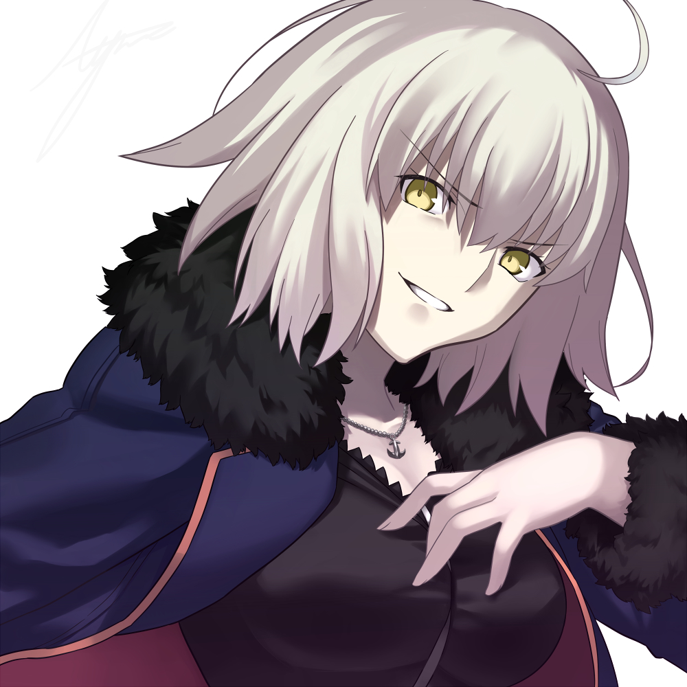 1girl ahoge ashiwara_yuu bangs black_dress blue_jacket breasts brown_eyes dress eyebrows_visible_through_hair fate/grand_order fate_(series) fingernails fur-trimmed_jacket fur_trim grey_hair hair_between_eyes hand_up head_tilt jacket jeanne_d'arc_(alter)_(fate) jeanne_d'arc_(fate)_(all) jewelry looking_at_viewer medium_breasts open_clothes open_jacket parted_lips pendant simple_background solo upper_body v-shaped_eyebrows white_background wicked_dragon_witch_ver._shinjuku_1999