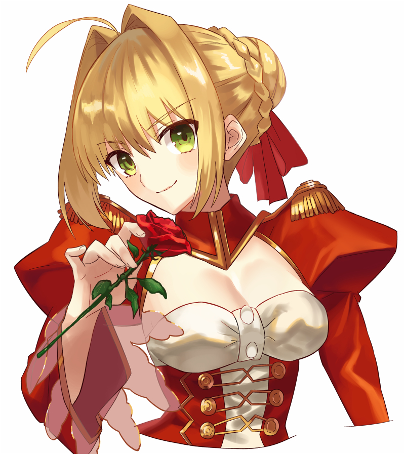 &gt;:) 1girl ahoge ashiwara_yuu bangs blonde_hair blush bow braid breasts cleavage closed_mouth dress epaulettes eyebrows_visible_through_hair fate/extra fate_(series) fingernails flower green_eyes hair_between_eyes hair_bow hair_bun hair_intakes head_tilt holding holding_flower juliet_sleeves long_sleeves medium_breasts nero_claudius_(fate) nero_claudius_(fate)_(all) puffy_sleeves red_bow red_dress red_flower red_rose rose see-through sidelocks smile solo upper_body v-shaped_eyebrows wide_sleeves