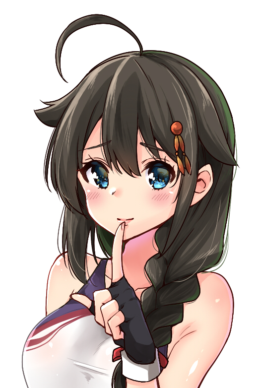 1girl ahoge bare_arms black_gloves black_hair blue_eyes blush brain breasts collarbone competition_swimsuit finger_to_mouth fingerless_gloves gloves hair_flaps hair_ornament kantai_collection large_breasts long_hair looking_at_viewer one-piece_swimsuit remodel_(kantai_collection) sarfata shigure_(kantai_collection) simple_background smile solo swimsuit upper_body white_background white_swimsuit