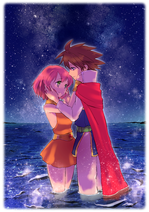 1boy 1girl blue_eyes border bracelet brown_hair butz_klauser cape couple dress eye_contact final_fantasy final_fantasy_v green_eyes hetero jewelry lenna_charlotte_tycoon looking_at_another meki-t night night_sky ocean orange_dress partially_submerged pink_hair red_cape short_dress short_hair sky standing star_(sky) starry_sky white_border