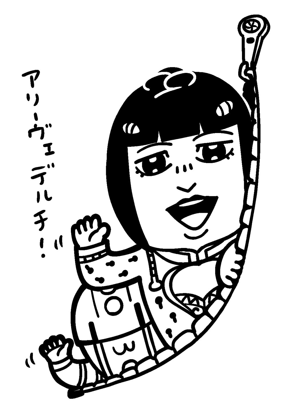 1boy :3 bangs bkub blunt_bangs bob_cut bruno_buccellati cleavage_cutout commentary greyscale hair_ornament hairclip highres jacket jojo_no_kimyou_na_bouken looking_at_viewer male_focus monochrome motion_lines simple_background smile solo stand_(jojo) sticky_fingers_(stand) translation_request triangle_mouth vento_aureo waving white_background zipper
