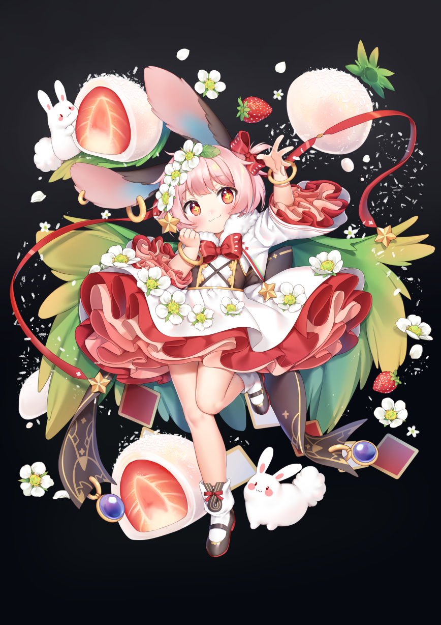 1girl :3 animal animal_ears arm_up bangle bangs black_background black_footwear blush bow bowtie bracelet closed_mouth cropped_jacket dress eyebrows_visible_through_hair flower food food_fantasy frilled_dress frills full_body hair_bow hair_flower hair_ornament hand_up highres jacket jewelry leg_up long_sleeves looking_at_viewer mamemena mary_janes open_clothes open_jacket pink_hair rabbit rabbit_ears red_bow red_eyes red_neckwear shoes short_hair smile socks solo standing standing_on_one_leg star star_hair_ornament symbol-shaped_pupils white_dress white_flower white_jacket white_legwear wide_sleeves wings
