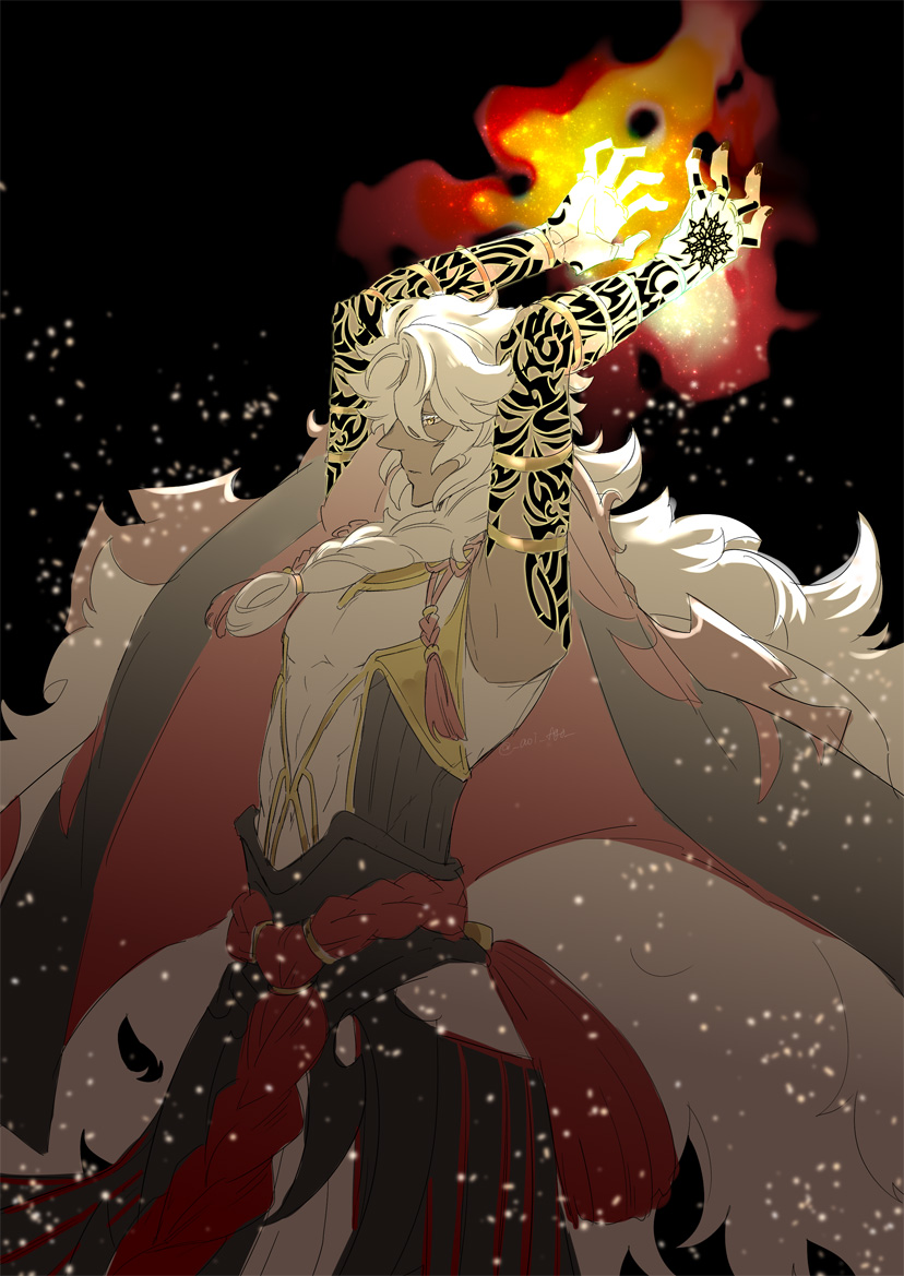 1boy arm_tattoo armlet arms_up bangs black_background black_cape bracelet braid cape closed_mouth dark_skin dark_skinned_male expressionless fate/grand_order fate_(series) fire glowing gold hair_rings half-closed_eyes jewelry light_particles long_hair magic messy_hair nail_polish profile red_cape ring rope shino-o single_braid solo solomon_(fate/grand_order) tassel tattoo very_long_hair white_hair yellow_eyes