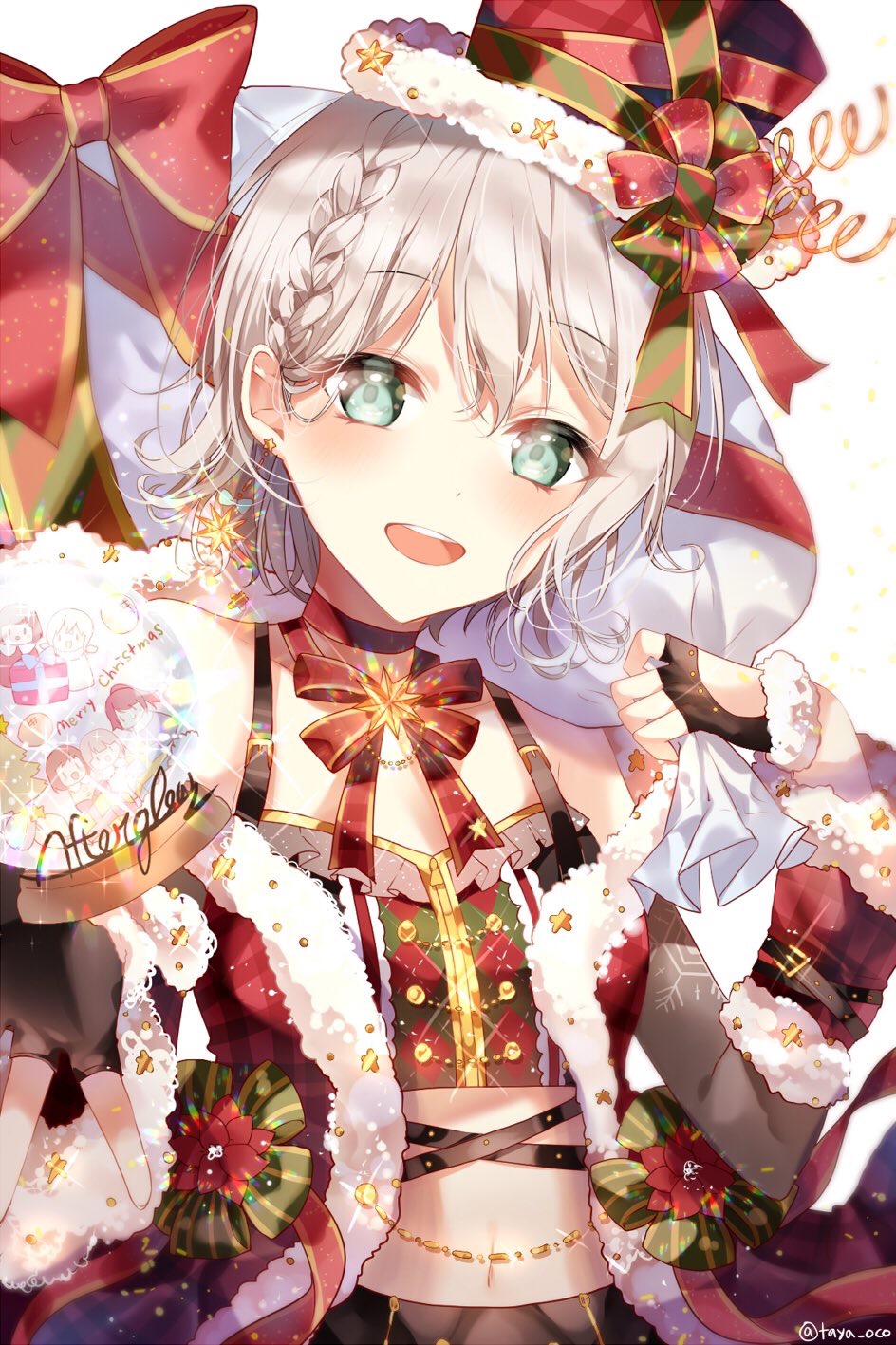 1girl :d alternate_hairstyle aoba_moca aqua_eyes argyle arm_belt bang_dream! bangs black_gloves bow braid choker christmas detached_sleeves earrings fingerless_gloves flower frills fur-trimmed_gloves fur-trimmed_hat fur-trimmed_sleeves fur_trim gloves green_bow group_name hat hat_ribbon hazawa_tsugumi highres holding holding_sack jewelry light_blush looking_at_viewer merry_christmas midriff mitake_ran navel neck_ribbon off_shoulder open_mouth over_shoulder poinsettia red_ribbon red_robe ribbon ribbon_choker robe sack short_hair side_braid smile snow_globe solo sparkle star star_earrings striped striped_bow suspenders taya_5323203 twitter_username udagawa_tomoe uehara_himari upper_body