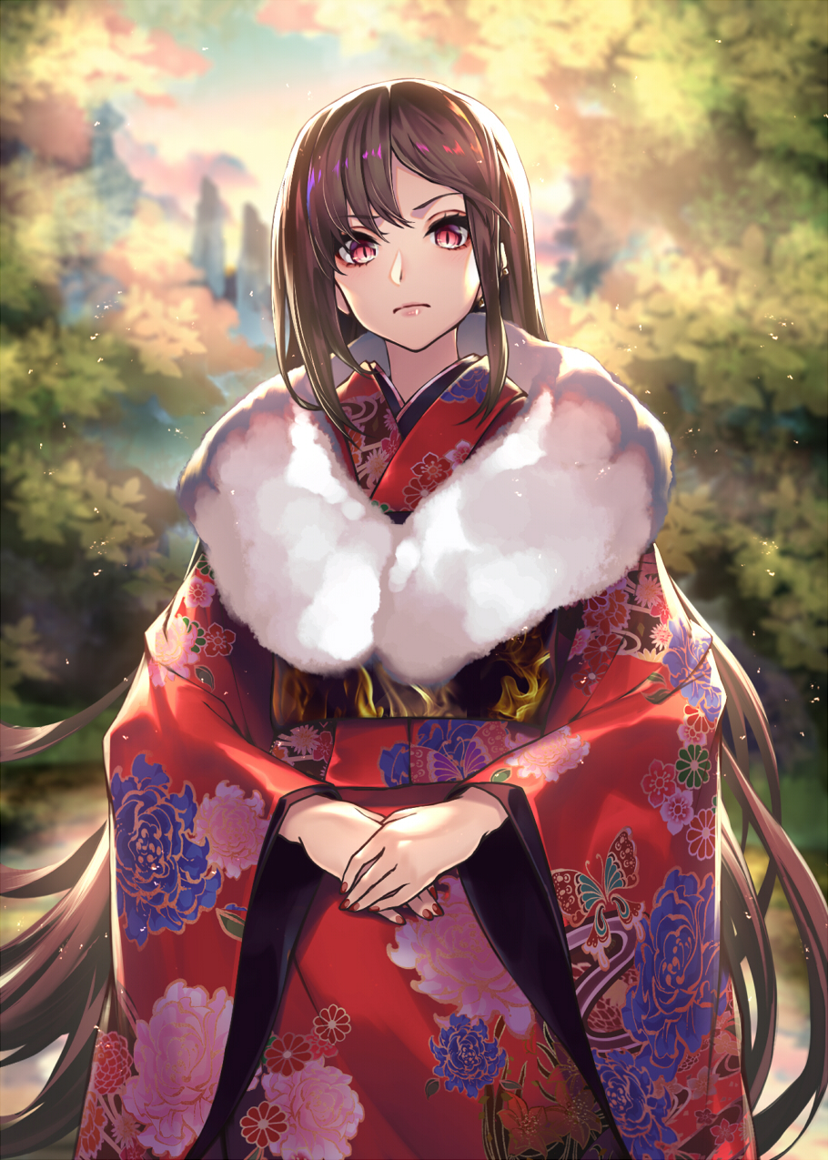 1girl brown_hair consort_yu_(fate) essual_(layer_world) fate/grand_order fate_(series) fur-trimmed_kimono fur_trim hands_together highres japanese_clothes kimono long_hair nail_polish red_eyes red_nails slit_pupils very_long_hair