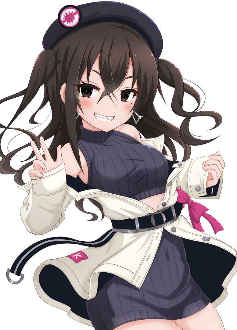 1girl :d bangs bare_shoulders belt beret black_eyes black_hair black_hat black_skirt black_sweater blush buttons commentary_request cowboy_shot crop_top earrings frozenpile grin hair_between_eyes hand_up hat idolmaster idolmaster_cinderella_girls jacket jewelry long_hair long_sleeves looking_at_viewer midriff miniskirt mole mole_under_eye off_shoulder open_clothes open_jacket open_mouth ribbed_sweater sharp_teeth sidelocks simple_background skirt sleeveless sleeveless_turtleneck sleeves_past_wrists smile solo sunazuka_akira sweater teeth turtleneck two_side_up v-shaped_eyebrows w wavy_hair white_background white_jacket