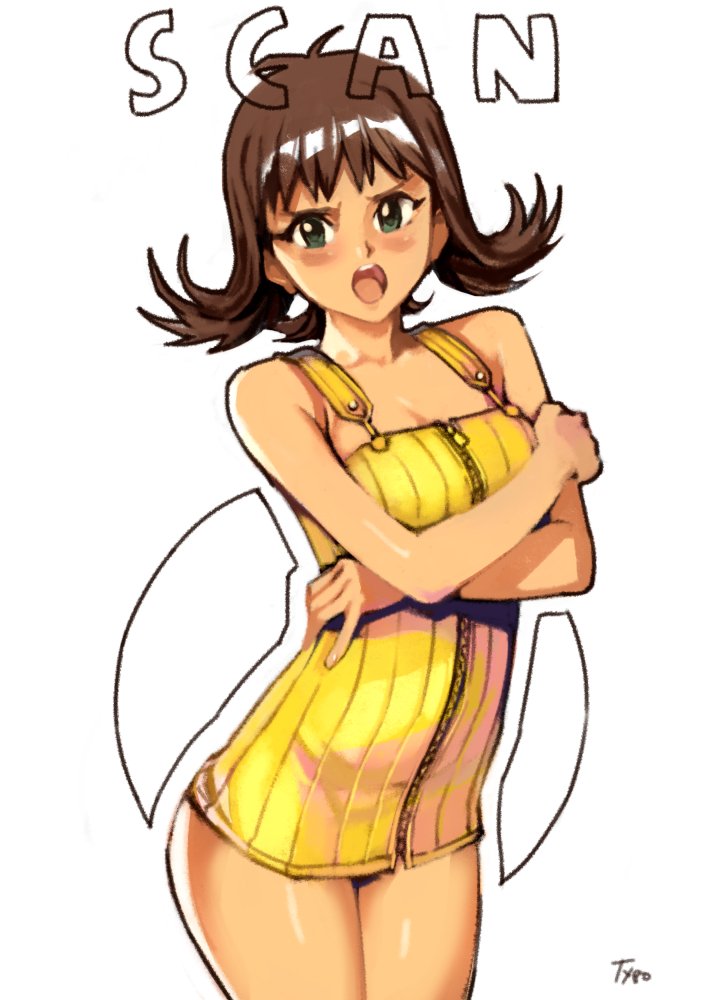 1girl angry bare_shoulders blush breasts brown_hair cropped_legs crossed_arms curly_hair dress final_fantasy final_fantasy_viii gameplay_mechanics green_eyes looking_at_viewer medium_breasts open_mouth selphie_tilmitt short_dress short_hair simple_background solo standing typo_(requiemdusk) white_background zipper
