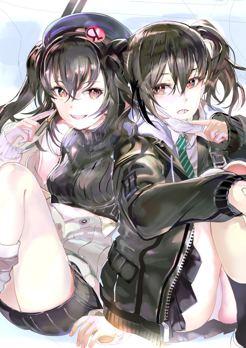 119 2girls arm_support ass bangs bare_shoulders beret black_hair black_jacket black_legwear black_skirt black_sweater brown_eyes collared_shirt commentary_request crop_top drawstring dual_persona green_neckwear grin hair_between_eyes hand_up hat highres hood hood_down hooded_jacket idolmaster idolmaster_cinderella_girls jacket knees_up long_hair long_sleeves looking_at_viewer mask_pull midriff_peek miniskirt multiple_girls necktie off_shoulder open_clothes open_jacket panties parted_lips pleated_skirt ribbed_sweater shirt side-by-side sidelocks sitting skirt sleeveless sleeveless_turtleneck smile socks striped striped_neckwear sunazuka_akira surgical_mask sweater teeth thighs turtleneck twintails underwear white_jacket white_legwear white_panties white_shirt zipper
