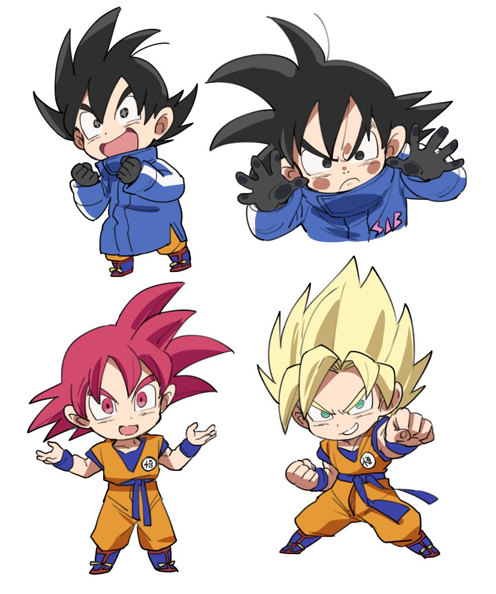 &gt;:| 1boy :d against_glass annoyed bidarian black_eyes black_gloves black_hair blonde_hair blue_coat boots chibi clenched_hands coat dougi dragon_ball dragon_ball_super dragon_ball_super_broly dragonball_z excited fighting_stance fingernails frown full_body gloves green_eyes happy looking_away male_focus open_mouth outstretched_arm red_eyes redhead short_hair simple_background smile son_gokuu sparkling_eyes spiky_hair super_saiyan super_saiyan_god upper_body white_background winter_clothes wristband