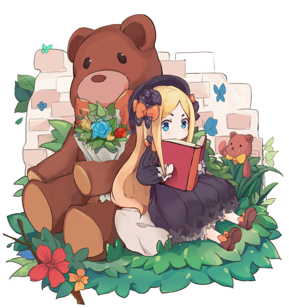 1girl abigail_williams_(fate/grand_order) bangs black_bow black_dress black_hat blonde_hair bloomers blue_eyes blue_flower blue_rose blush book bouquet bow brick_wall brown_footwear bug butterfly chibi closed_mouth coria dress fate/grand_order fate_(series) flower grass hair_bow hat holding holding_book insect long_hair long_sleeves orange_bow parted_bangs polka_dot polka_dot_bow red_flower red_rose rose shoes short_eyebrows sitting sleeves_past_wrists smile solo stuffed_animal stuffed_toy teddy_bear thick_eyebrows transparent_background underwear v-shaped_eyebrows very_long_hair white_bloomers yellow_flower yellow_rose