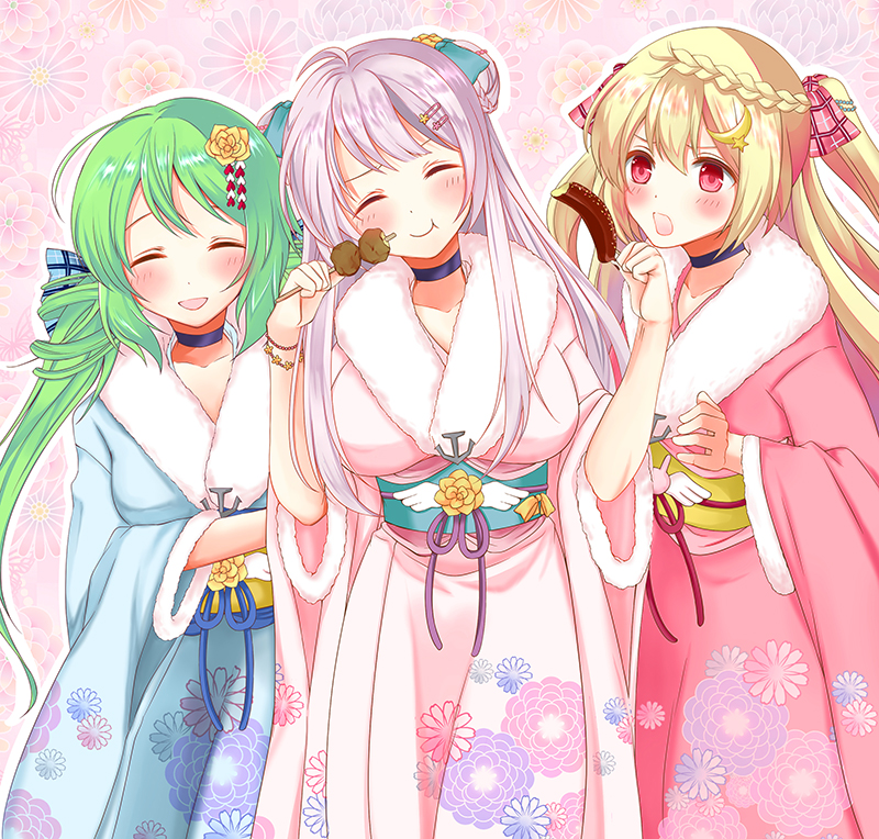 3girls alternate_costume azur_lane blonde_hair blush braid breasts closed_eyes collarbone comet_(azur_lane) crescent crescent_(azur_lane) crescent_hair_ornament cygnet_(azur_lane) eating flower food green_hair hair_bun hair_ornament hair_ribbon hairclip japanese_clothes kimono large_breasts long_hair looking_at_another meatball multiple_girls open_mouth pink_hair ribbon sakura_(ichisakupink) twintails