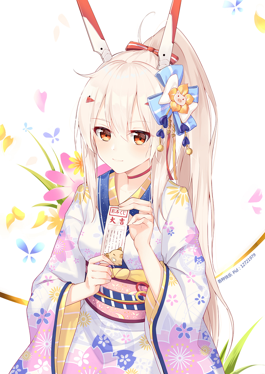 1girl ayanami_(azur_lane) azur_lane bangs blue_bow bow breasts brown_eyes chinese_zodiac closed_mouth eyebrows_visible_through_hair floral_print flower furisode ge_zhong_kuaile hair_between_eyes hair_bow happy_new_year headgear high_ponytail highres holding japanese_clothes kimono long_hair long_sleeves nengajou new_year obi omikuji pink_flower pixiv_id ponytail print_kimono red_bow sash sidelocks small_breasts smile solo striped striped_bow translated very_long_hair white_background white_kimono wide_sleeves year_of_the_pig yellow_flower