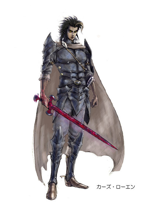 1boy arm_at_side armor black_hair black_legwear boots brown_cape brown_footwear brown_gloves cape character_name clenched_hand full_body gloves henkyou_no_roukishi holding holding_sword holding_weapon kazu_roeso male_focus matajirou_(matagiro) pants red_sword sheath standing sword weapon yellow_eyes