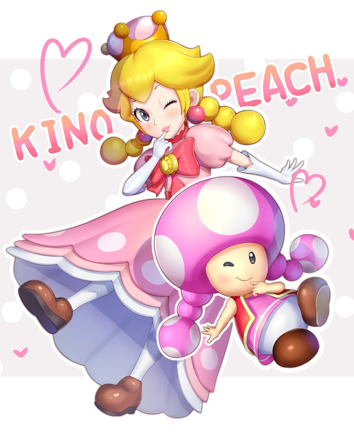 2girls ;) blonde_hair bow braid brown_footwear character_name crown dress earrings elbow_gloves finger_to_mouth gloves gonzarez grey_eyes heart highres jewelry looking_at_viewer super_mario_bros. multiple_girls new_super_mario_bros._u_deluxe nintendo one_eye_closed outline peachette pearl_earrings pink_dress pink_earrings puffy_short_sleeves puffy_sleeves short_sleeves smile super_crown toadette twin_braids twintails vest white_gloves white_outline