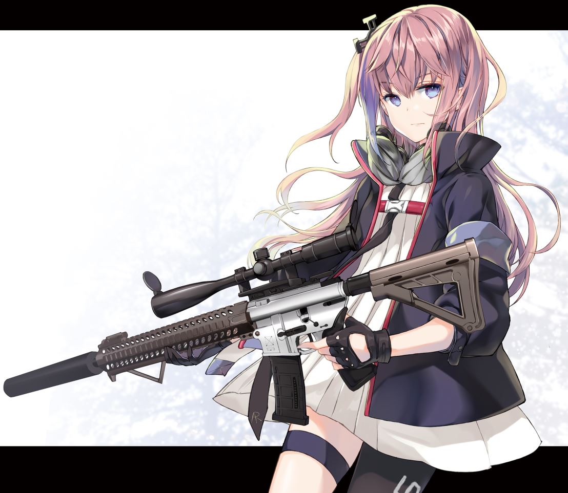 1girl ar-15 asymmetrical_legwear bangs black_gloves blue_eyes blue_jacket blush brown_hair brown_legwear closed_mouth commentary_request dress eyebrows_visible_through_hair fingerless_gloves girls_frontline gloves gun hair_between_eyes hair_ornament holding holding_gun holding_weapon jacket juna long_hair long_sleeves looking_at_viewer object_namesake one_side_up open_clothes open_jacket pantyhose pleated_dress puffy_long_sleeves puffy_sleeves rifle scope single_pantyhose solo st_ar-15_(girls_frontline) thigh_strap v-shaped_eyebrows very_long_hair weapon white_dress