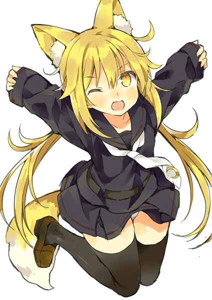 1girl animal_ears arms_up bangs black_legwear black_serafuku blonde_hair blush crescent crescent_moon_pin eyebrows_visible_through_hair fang hair_between_eyes jumping kantai_collection long_hair long_sleeves one_eye_closed open_mouth satsuki_(kantai_collection) school_uniform serafuku shimeji_(4_me_ji) shoes simple_background skirt solo tail twintails white_background