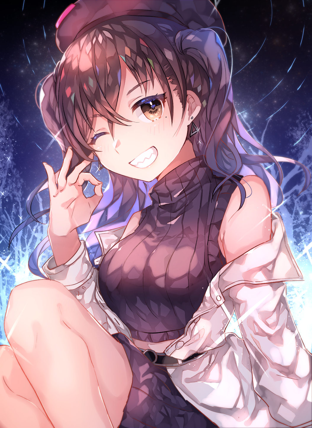 1girl ;d arm_support armpit_crease bangs bare_legs bare_shoulders belt beret black_skirt black_sweater blush breasts brown_eyes brown_hair buttons crop_top earrings eyebrows_visible_through_hair glint grin hair_between_eyes hand_up hat head_tilt highres idolmaster idolmaster_cinderella_girls jacket jewelry knees_up long_hair long_sleeves looking_at_viewer medium_breasts midriff_peek miniskirt mole mole_under_eye off_shoulder ok_sign one_eye_closed open_clothes open_jacket open_mouth pleated_skirt red_hat ribbed_sweater sidelocks sitting skirt sleeveless sleeveless_turtleneck smile solo sunazuka_akira sweater sweetroad teeth thighs turtleneck turtleneck_sweater two_side_up white_jacket