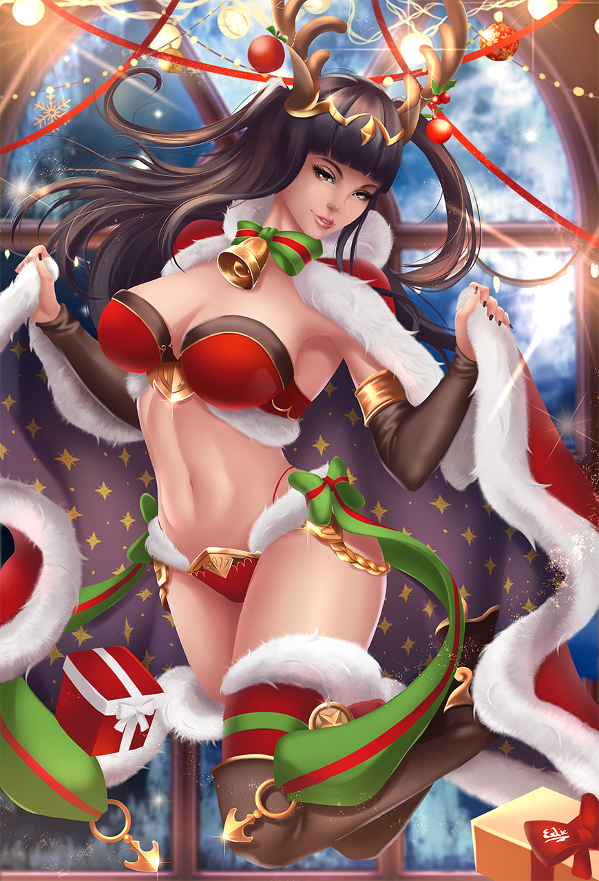 1girl ball bell black_footwear black_hair black_nails boots bow box bra breasts cape cape_lift christmas_ornaments cleavage commentary english_commentary exlic fake_antlers fire_emblem fire_emblem:_kakusei fur-trimmed_bra fur-trimmed_cape fur-trimmed_panties fur_trim gift gift_box green_ribbon grey_eyes head_tilt highres large_breasts light_smile long_hair looking_at_viewer nail_polish navel nintendo panties red_bra red_cape red_legwear red_panties red_ribbon ribbon santa_costume snowflakes solo striped striped_ribbon tharja thigh-highs thigh_boots tiara two_side_up underwear window