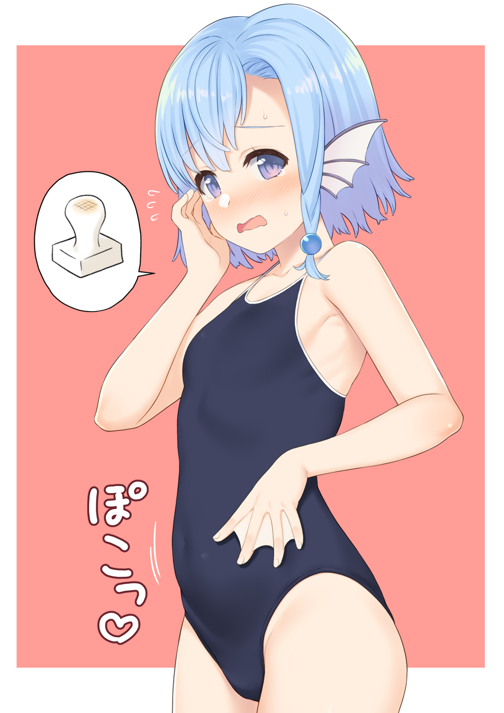 1girl bangs bare_shoulders blue_eyes blue_hair blue_swimsuit blush breasts commentary_request covered_navel elliot_leucosia embarrassed eyebrows_visible_through_hair hair_ornament head_fins highres looking_at_viewer mermaid mochi monster_girl one-piece_swimsuit open_mouth original school_swimsuit short_hair simple_background small_breasts solo speech_bubble standing sweat sweatdrop swimsuit takunomi wavy_mouth
