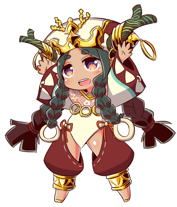 1girl :d antlers arms_up bangs blush braid brown_pants character_request dark_skin eyebrows_visible_through_hair full_body green_hair hair_ornament harem_pants hat head_tilt long_hair long_sleeves naga_u open_mouth pants parted_bangs round_teeth sekaiju_no_meikyuu shaman_(sekaiju) short_eyebrows simple_background smile solo standing teeth thick_eyebrows twin_braids upper_teeth very_long_hair violet_eyes white_background white_hat wide_sleeves