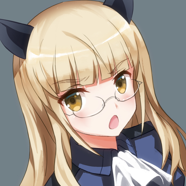 1girl animal_ears blonde_hair blue_background blush cat_ears eyebrows_visible_through_hair glasses looking_at_viewer military military_uniform open_mouth perrine_h_clostermann simple_background solo strike_witches tom-neko_(zamudo_akiyuki) uniform world_witches_series yellow_eyes