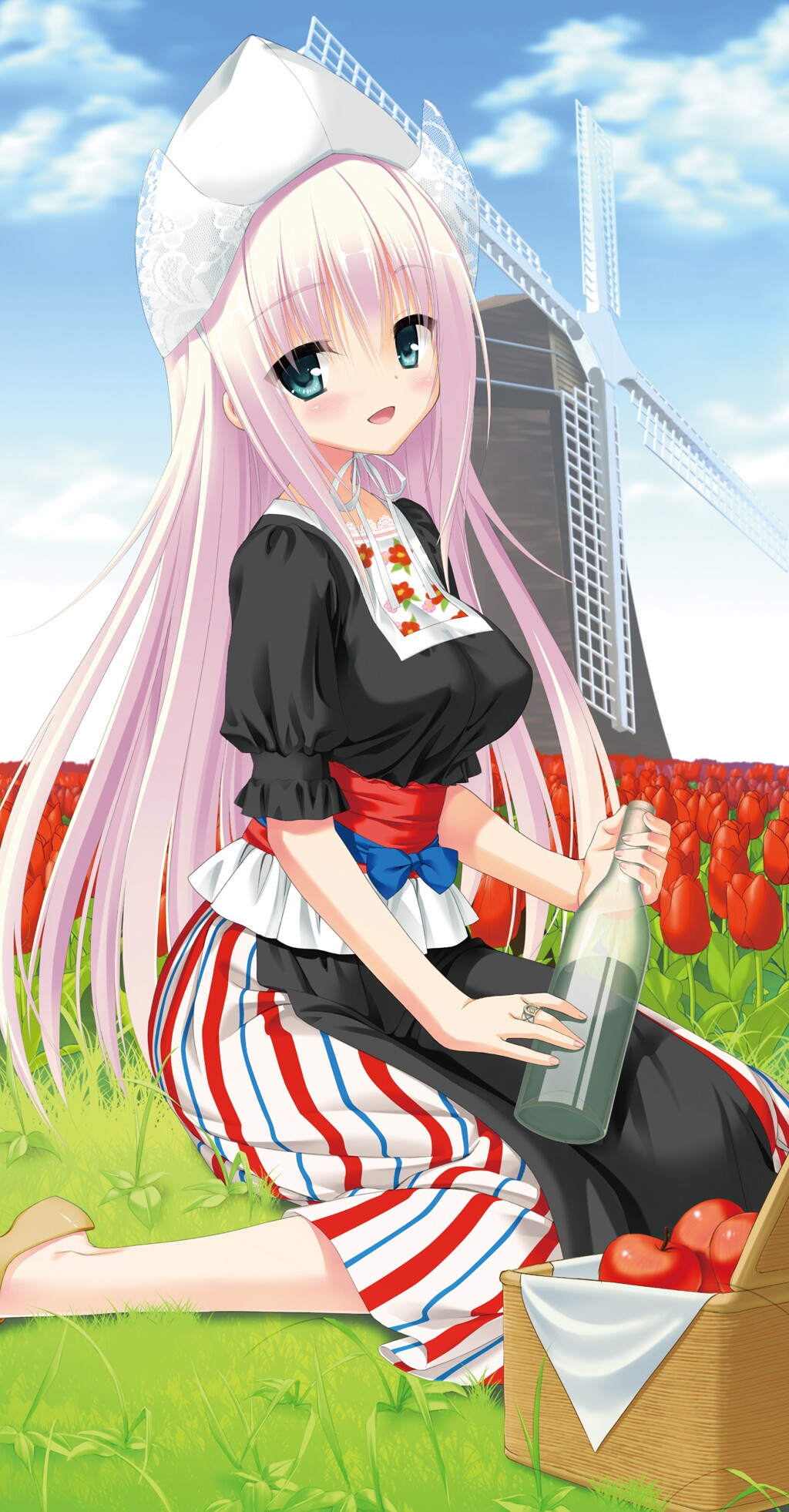1girl :d bangs black_shirt blue_eyes blue_sky blush bottle breasts clouds day eyebrows_visible_through_hair flower hair_between_eyes hat hidan_no_aria highres holding holding_bottle kobuichi lavender_hair lisa_ave_du_ank long_hair long_skirt looking_at_viewer medium_breasts novel_illustration official_art open_mouth outdoors red_apple red_flower red_tulip ribbon shirt short_sleeves sitting skirt sky smile solo striped striped_skirt tulip vertical-striped_skirt vertical_stripes very_long_hair wariza white_hat white_ribbon windmill