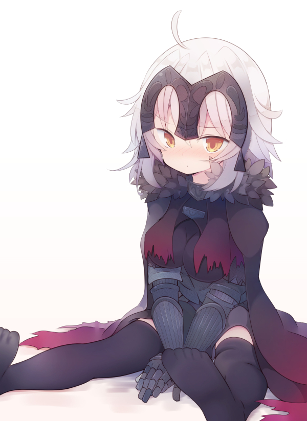 1girl ahoge armor armored_dress bangs beni_shake between_legs black_dress black_legwear blush breasts brown_cape brown_eyes cape closed_mouth commentary_request dress eyebrows_visible_through_hair fate/grand_order fate_(series) gauntlets gradient gradient_cape hair_between_eyes hand_between_legs headpiece jeanne_d'arc_(alter)_(fate) jeanne_d'arc_(fate)_(all) looking_at_viewer medium_breasts no_shoes red_cape sitting soles solo thigh-highs white_hair