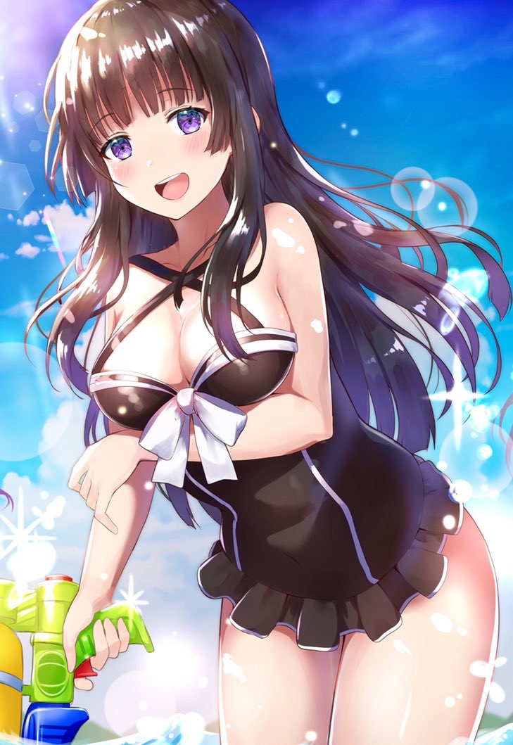 1girl :d bang_dream! bangs black_hair black_swimsuit breast_hold breasts cleavage collarbone cowboy_shot criss-cross_halter day frilled_swimsuit frills halterneck holding_water_gun lens_flare long_hair looking_at_viewer medium_breasts mia_(fai1510) neck_ribbon one-piece_swimsuit open_mouth outdoors ribbon shirokane_rinko smile solo swimsuit violet_eyes wading water_gun white_neckwear