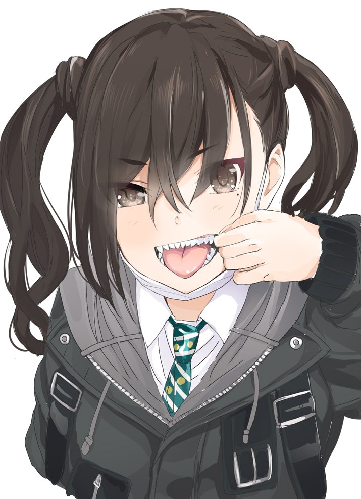 1girl brown_eyes brown_hair commentary_request face_mask hair_between_eyes idolmaster idolmaster_cinderella_girls jacket long_hair looking_at_viewer mask mask_pull mole mole_under_eye mouth_pull necktie open_mouth sharp_teeth simple_background solo sunazuka_akira surgical_mask teeth tetsujin_momoko tongue tongue_out twintails upper_body white_background