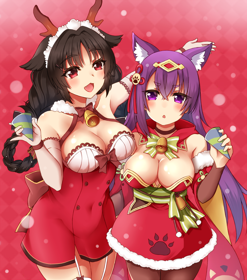 2girls :d ako_suke animal_ear_fluff animal_ears azur_lane bare_shoulders bell blush braid breasts brown_hair brown_legwear christmas cleavage dress ears_down elbow_gloves fake_antlers fang fox_ears fur_trim gloves hair_ornament hair_rings large_breasts long_hair looking_at_viewer multiple_girls ooshio_(azur_lane) open_mouth pantyhose party_popper paw_print pinky_out purple_hair red_eyes short_dress smile twin_braids urakaze_(azur_lane) very_long_hair violet_eyes