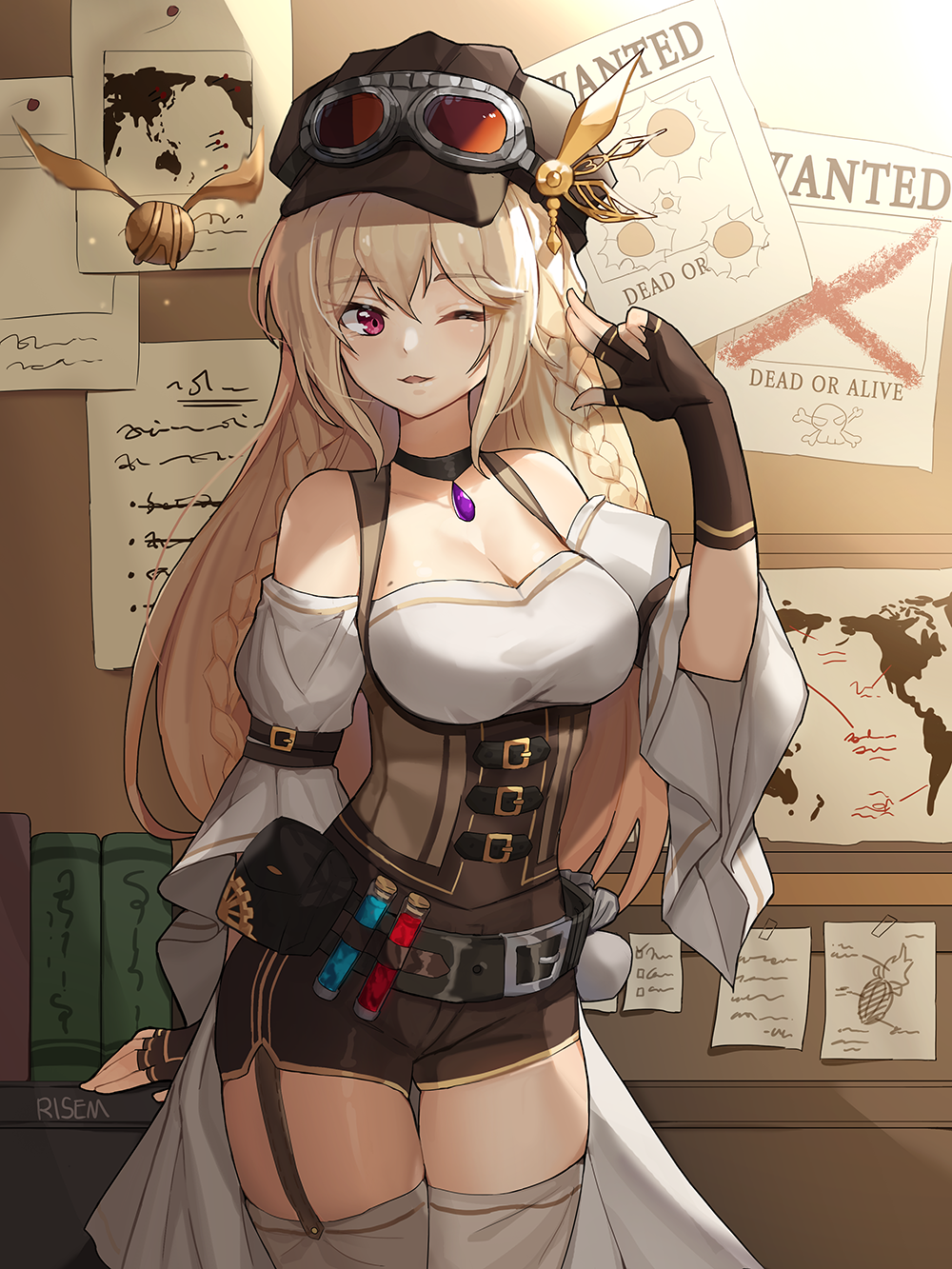 1girl ;) artist_name bare_shoulders belt belt_pouch black_choker blonde_hair book braid breasts brown_hat brown_shorts choker cleavage corkboard cowboy_shot detached_sleeves elbow_gloves english_text garter_straps gem gloves goggles goggles_on_headwear golden_snitch hand_up hat hat_ornament highres indoors large_breasts long_hair looking_at_viewer map mole mole_on_breast one_eye_closed original parted_lips pink_eyes poster potion pouch risem shorts smile solo standing steampunk thigh-highs wanted white_legwear