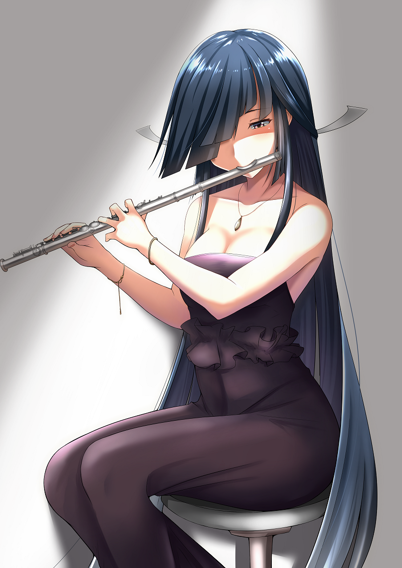 1girl bangs black_hair blush bracelet breasts cleavage commentary dial16yoi dress grey_ribbon hair_over_one_eye hair_ribbon hayashimo_(kantai_collection) holding holding_instrument instrument jewelry kantai_collection long_hair looking_at_viewer medium_breasts necklace purple_dress ribbon sidelocks sitting smile solo strapless strapless_dress taut_clothes taut_dress topaz_(gemstone) very_long_hair