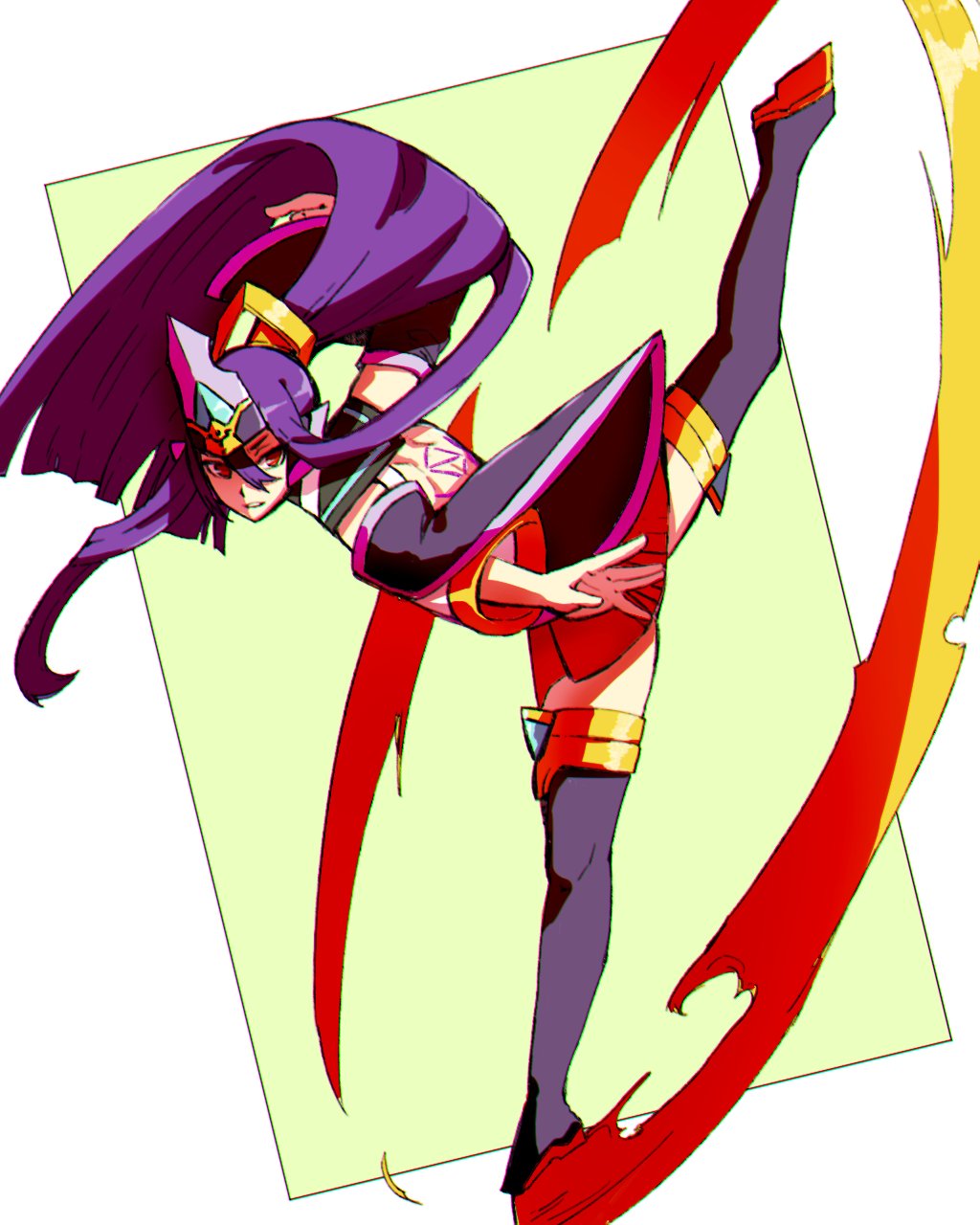 1girl arc_system_works blazblue blazblue:_central_fiction breasts detached_sleeves full_body hair_ornament highres horns jewelry kicking long_hair looking_at_viewer markings mikado_(blazblue) open_mouth ponytail purple_hair red_eyes simple_background skirt small_breasts solo thigh-highs very_long_hair