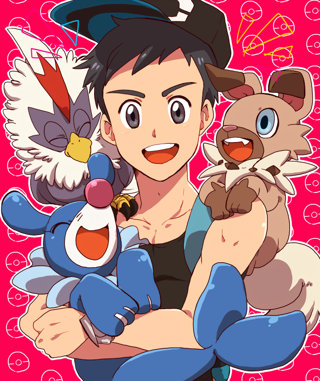 1boy :d baseball_cap bird black_hair black_hat blue_eyes claws creatures_(company) game_freak gen_5_pokemon gen_7_pokemon grey_eyes hat holding koma_saburou looking_at_viewer male_focus nintendo open_mouth outline patterned_background pink_background poke_ball poke_ball_(generic) pokemon pokemon_(game) pokemon_sm popplio rockruff sitting_on_shoulder sleeveless smile upper_body white_outline you_(pokemon)