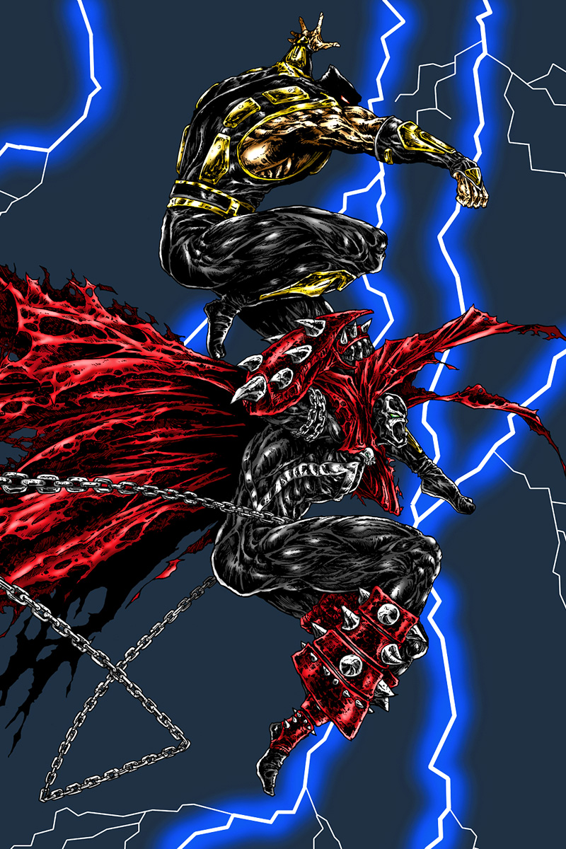 2boys black_gloves byakuren_(midwood) cape chains claws commentary crossover demon fingerless_gloves gauntlets gloves glowing glowing_eyes green_eyes highres image_comics male_focus mask mortal_kombat multiple_boys muscle ninja no_pupils red_eyes scorpion_(mortal_kombat) spawn spawn_(spawn) spikes superhero thunder