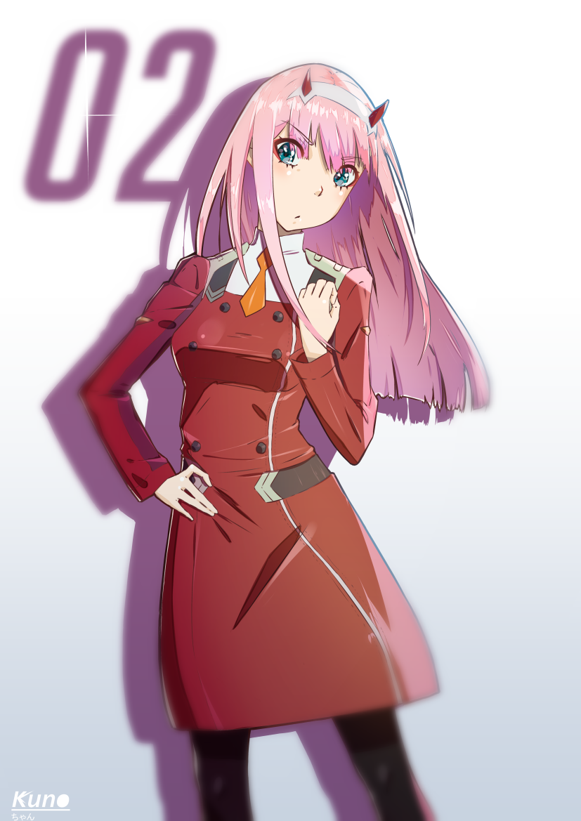 1girl bangs black_legwear blue_eyes character_name darling_in_the_franxx dress eyebrows_visible_through_hair grey_hairband hairband hand_on_hip horns kuno_(runkunochan) long_hair looking_at_viewer pantyhose pink_hair red_dress solo standing uniform zero_two_(darling_in_the_franxx)