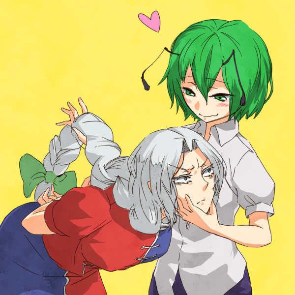 2girls amayadori-tei androgynous bangs black_shorts blue_dress blush bow braid closed_mouth collared_shirt commentary_request cowboy_shot dress frown green_bow green_eyes green_hair grey_eyes grey_hair hair_bow hand_on_another's_chin heart long_hair looking_at_another low-tied_long_hair multicolored_clothes multicolored_dress multiple_girls red_dress shirt short_hair short_sleeves shorts simple_background single_braid smile touhou two-tone_dress white_shirt wriggle_nightbug yagokoro_eirin yellow_background