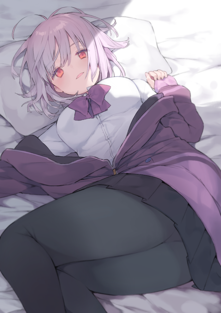 1girl bangs bed_sheet black_legwear black_skirt blush bow breasts commentary_request dress_shirt hiyo_kiki indoors large_breasts lavender_hair long_sleeves looking_at_viewer lying off-shoulder_sweater on_back on_bed pantyhose pillow pleated_skirt purple_bow purple_sweater red_eyes shinjou_akane shirt short_hair skirt sleeves_past_wrists smile solo ssss.gridman sweater white_shirt zipper_pull_tab