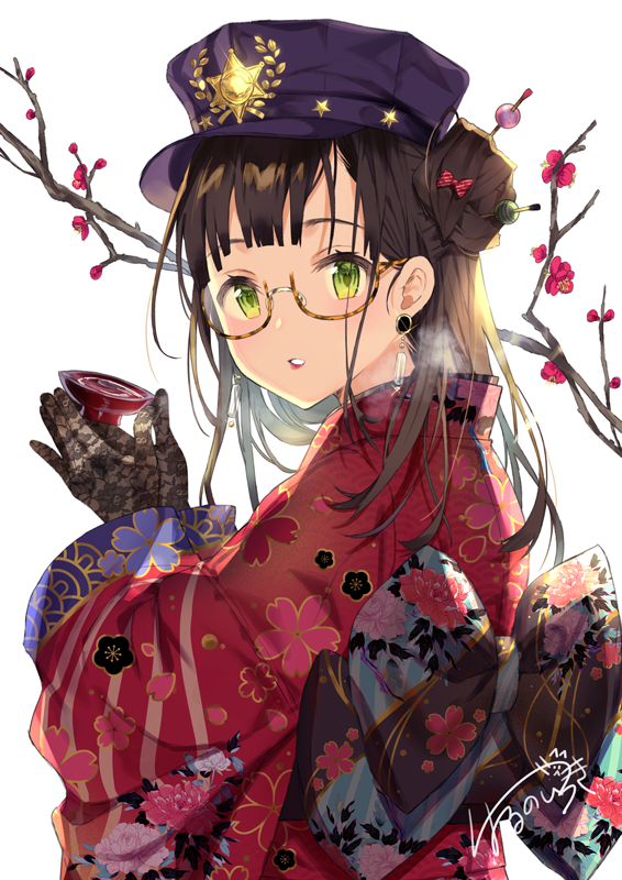 1girl alcohol bangs blue_hat brown-framed_eyewear brown_gloves brown_hair commentary_request cup earrings emblem floral_print glasses glint gloves green_eyes hands_up harunoibuki hat holding holding_cup japanese_clothes jewelry kimono long_hair long_sleeves looking_at_viewer looking_to_the_side obi original parted_lips peaked_cap print_kimono red_kimono sakazuki sake sash semi-rimless_eyewear side_bun simple_background solo tree_branch upper_body white_background wide_sleeves