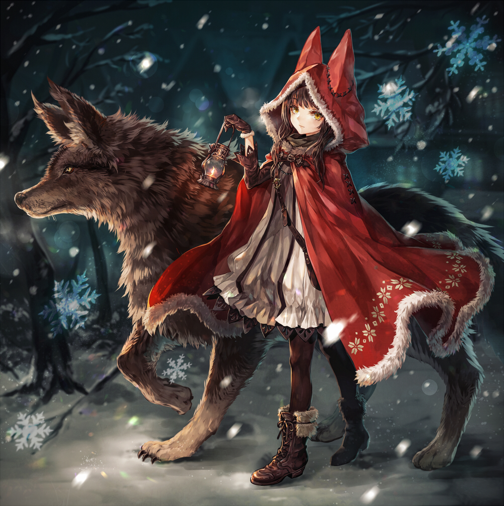 1girl animal animal_hood bag bangs black_gloves boots breath brown_eyes buckle cloak fire footprints fur fur_trim gloves holding holding_lantern hood house lantern little_red_riding_hood little_red_riding_hood_(grimm) messenger_bag original pantyhose paw_print senano-yu shoulder_bag snow snowflakes snowing stitches tree walking window wolf yellow_eyes