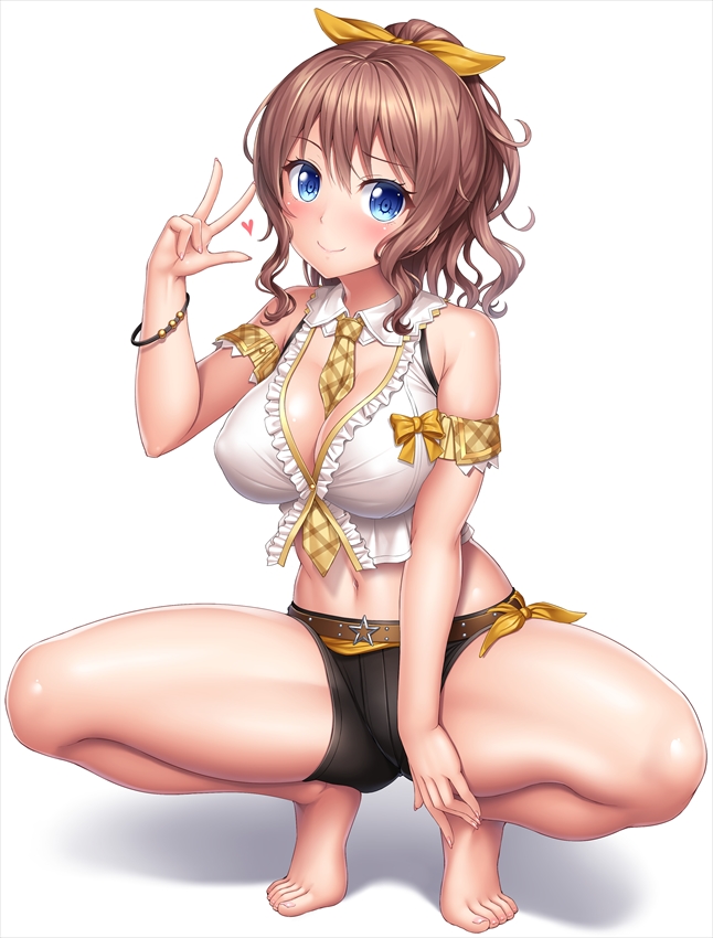 1girl argyle armpit_crease bang_dream! bangs bare_arms bare_legs bare_shoulders barefoot belt between_breasts black_shorts blue_eyes blush bracelet breasts brown_hair cleavage closed_mouth crop_top detached_collar detached_sleeves erect_nipples full_body hair_between_eyes hair_ribbon hand_up head_tilt heart jewelry lambda_(kusowarota) large_breasts long_hair looking_at_viewer midriff navel necktie ponytail ribbon short_shorts short_sleeves shorts sidelocks simple_background smile solo squatting stomach thighs w wavy_hair white_background yamabuki_saaya yellow_neckwear yellow_ribbon