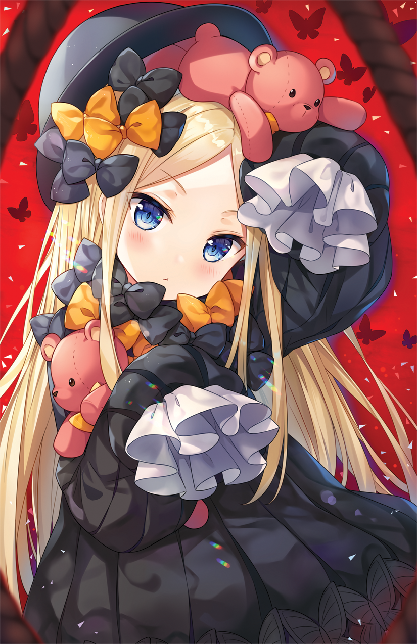 1girl :&lt; abigail_williams_(fate/grand_order) arm_up bangs black_bow black_dress black_hat blonde_hair blue_eyes blush bow bug butterfly closed_mouth dress eyebrows_visible_through_hair fate/grand_order fate_(series) forehead hat head_tilt highres hitsukuya insect long_hair long_sleeves looking_at_viewer noose object_hug on_head orange_bow parted_bangs red_background rope sleeves_past_fingers sleeves_past_wrists solo stuffed_animal stuffed_toy teddy_bear very_long_hair