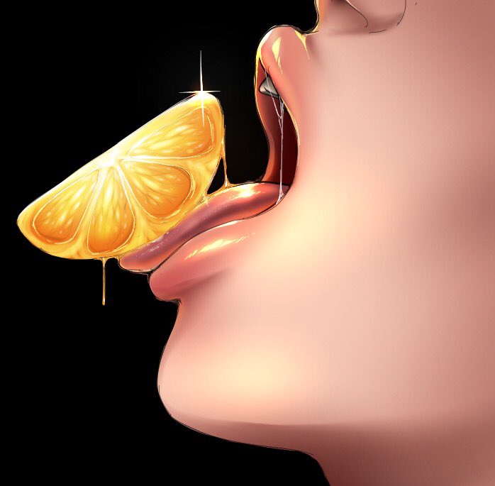 androgynous black_background commentary english_commentary food from_side fruit head_back hizzacked lips nose open_mouth orange orange_slice original saliva solo tongue tongue_out