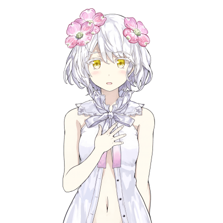 1girl bare_shoulders blush collar eyebrows_visible_through_hair flower hair_flower hair_ornament hand_on_own_chest kudou_chitose lowres midriff navel nijisanji official_art open_clothes open_mouth ribbon smile solo standing tachi-e upper_body virtual_youtuber white_hair yellow_eyes
