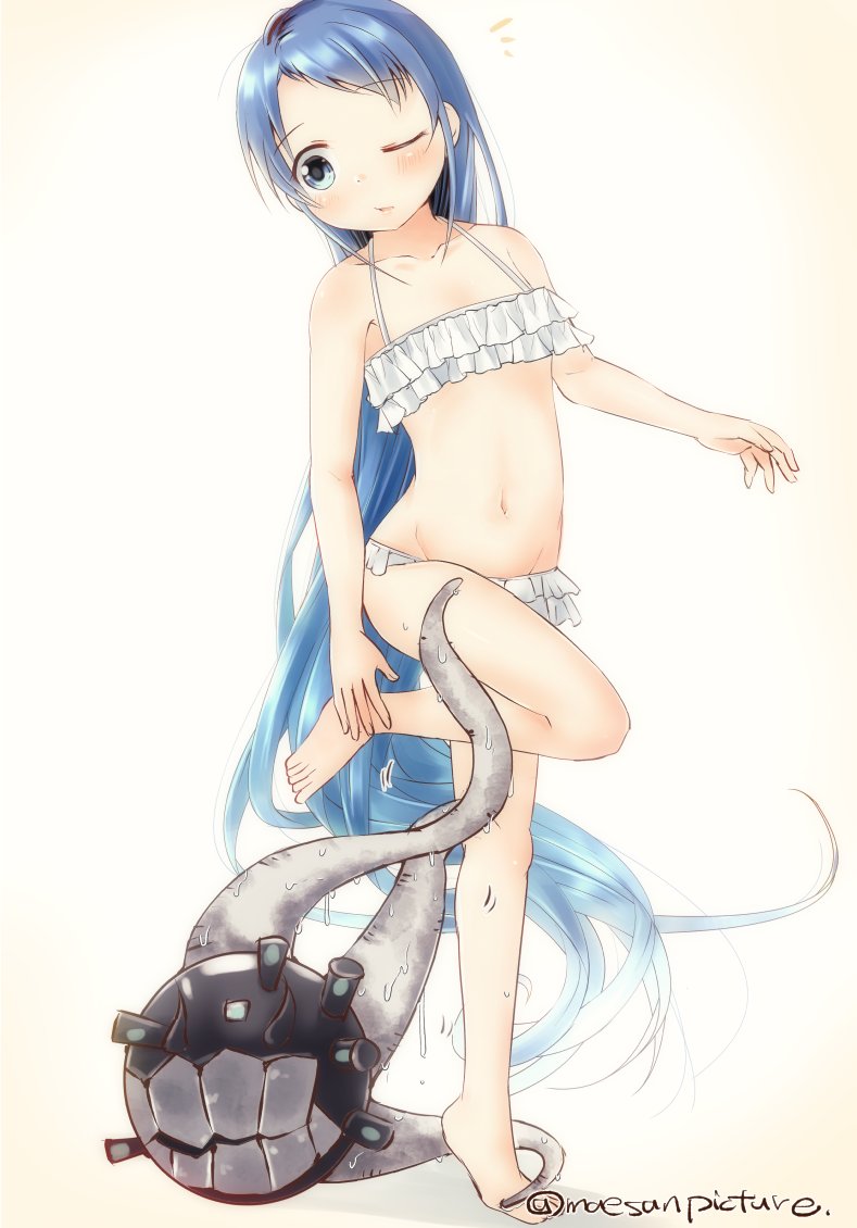 1girl alternate_costume artist_name bangs bare_arms bikini blue_eyes blue_hair blush collarbone commentary_request enemy_naval_mine_(kantai_collection) eyebrows_visible_through_hair flat_chest frilled_bikini frills kantai_collection leg_up long_hair mae_(maesanpicture) navel notice_lines one_eye_closed samidare_(kantai_collection) shiny shiny_hair simple_background swept_bangs swimsuit tentacle very_long_hair white_bikini