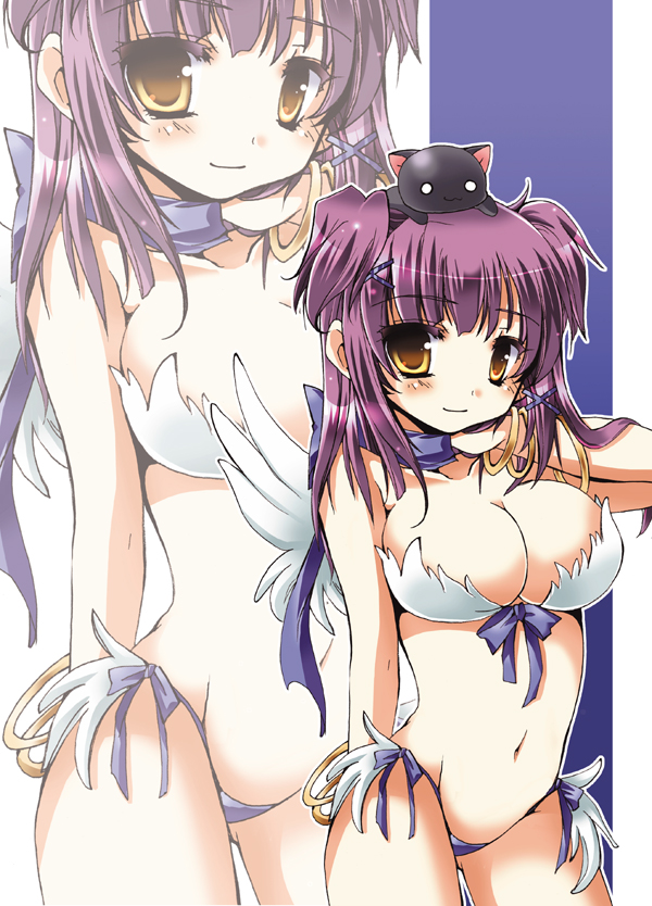 1girl animal animal_on_head ballpoint_pen_(medium) bikini breasts cat cat_on_head cat_on_person cleavage feathered_wings large_breasts long_hair navel on_head purple_hair ragnarok_online smile solo swimsuit traditional_media twintails wanderer wings yellow_eyes yoroi_nau