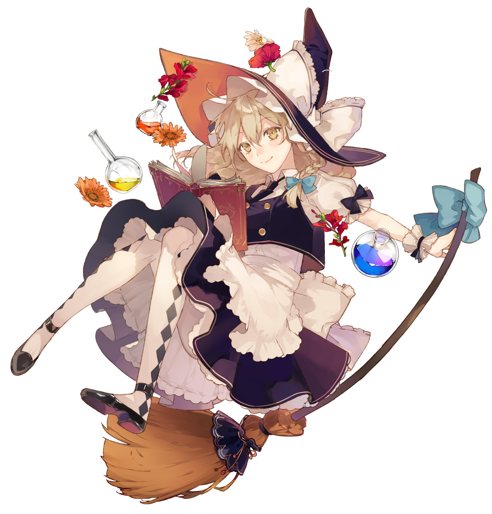 1girl apron black_bow black_neckwear blonde_hair blue_bow book bow braid broom broom_riding brown_footwear buttons diamond_(shape) flask floating floating_hair flower frilled_apron frilled_bow frills hair_between_eyes hair_bow hat hat_bow holding holding_broom kirisame_marisa long_hair looking_at_viewer necktie orange_ribbon pantyhose petticoat pig_ggul puffy_short_sleeves puffy_sleeves ribbon round-bottom_flask sash short_sleeves side_braid simple_background single_braid smile solo touhou waist_apron white_background white_bow witch_hat wrist_cuffs yellow_eyes