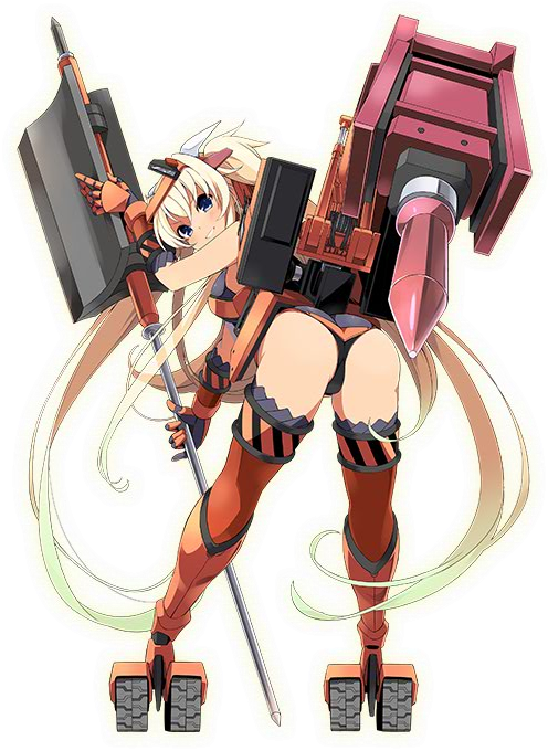 1girl ass blonde_hair elbow_gloves full_body gloves holding holding_weapon hydraulic_breaker_(ole_tower) leaning_forward long_hair looking_at_viewer looking_back official_art ole_tower orange_gloves orange_legwear solo standing thigh-highs transparent_background twintails very_long_hair weapon