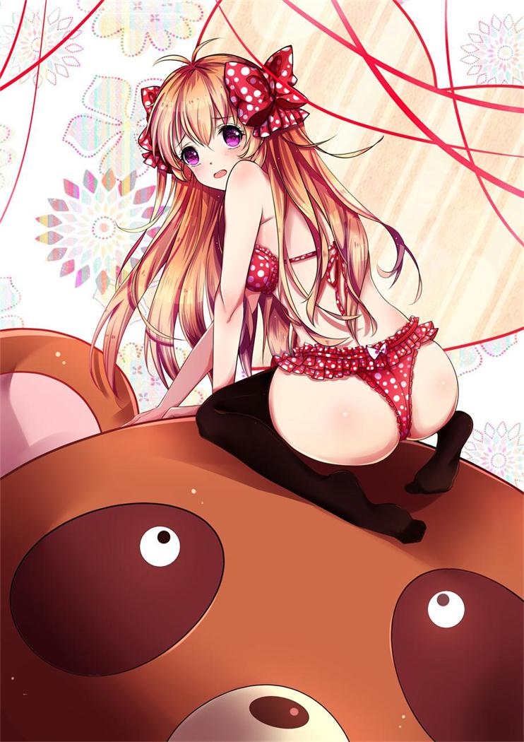 1girl black_legwear blush bow bra brown_hair eyebrows_visible_through_hair floating_hair frilled_bra frilled_panties frills full_body gekkan_shoujo_nozaki-kun hair_between_eyes hair_bow kneeling long_hair looking_at_viewer neco_(pixiv9050761) open_mouth panties polka_dot polka_dot_bow polka_dot_bra polka_dot_panties red_bow red_bra red_panties sakura_chiyo shiny shiny_hair shiny_skin solo thigh-highs underwear very_long_hair violet_eyes white_polka_dots